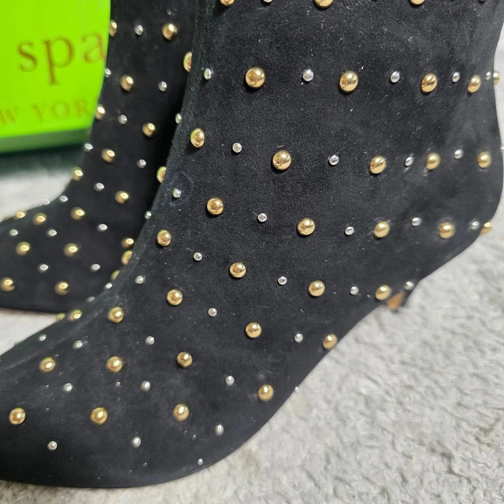 Kate Spade Starr Black Suede Studded Pointed Toe Kitten Heel‎ Ankle Boots 6M NEW